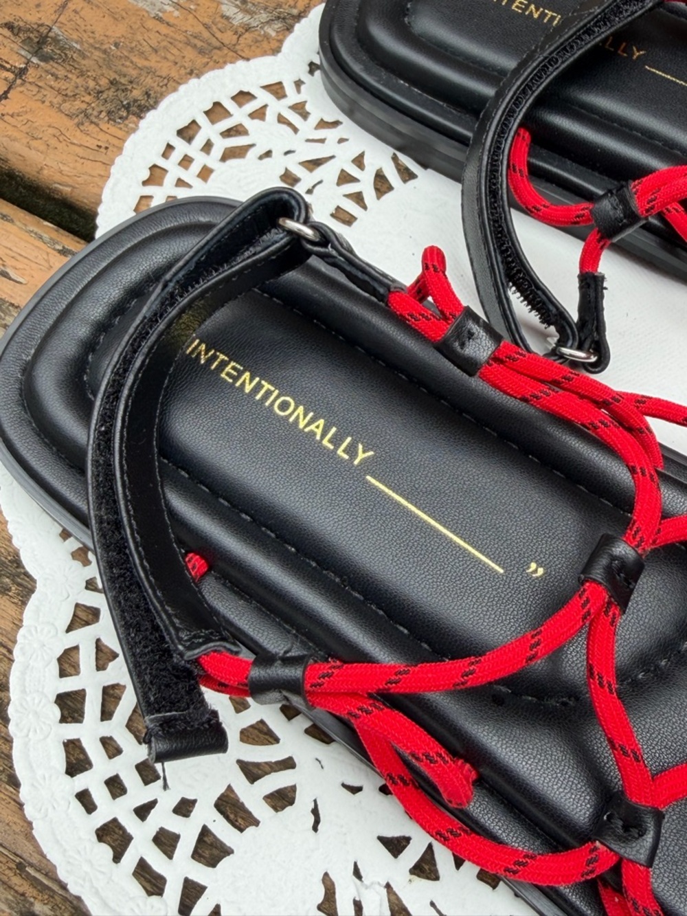 Intentionally ________” Red and Black Corded Women's Sandals - Picture 2 of 4